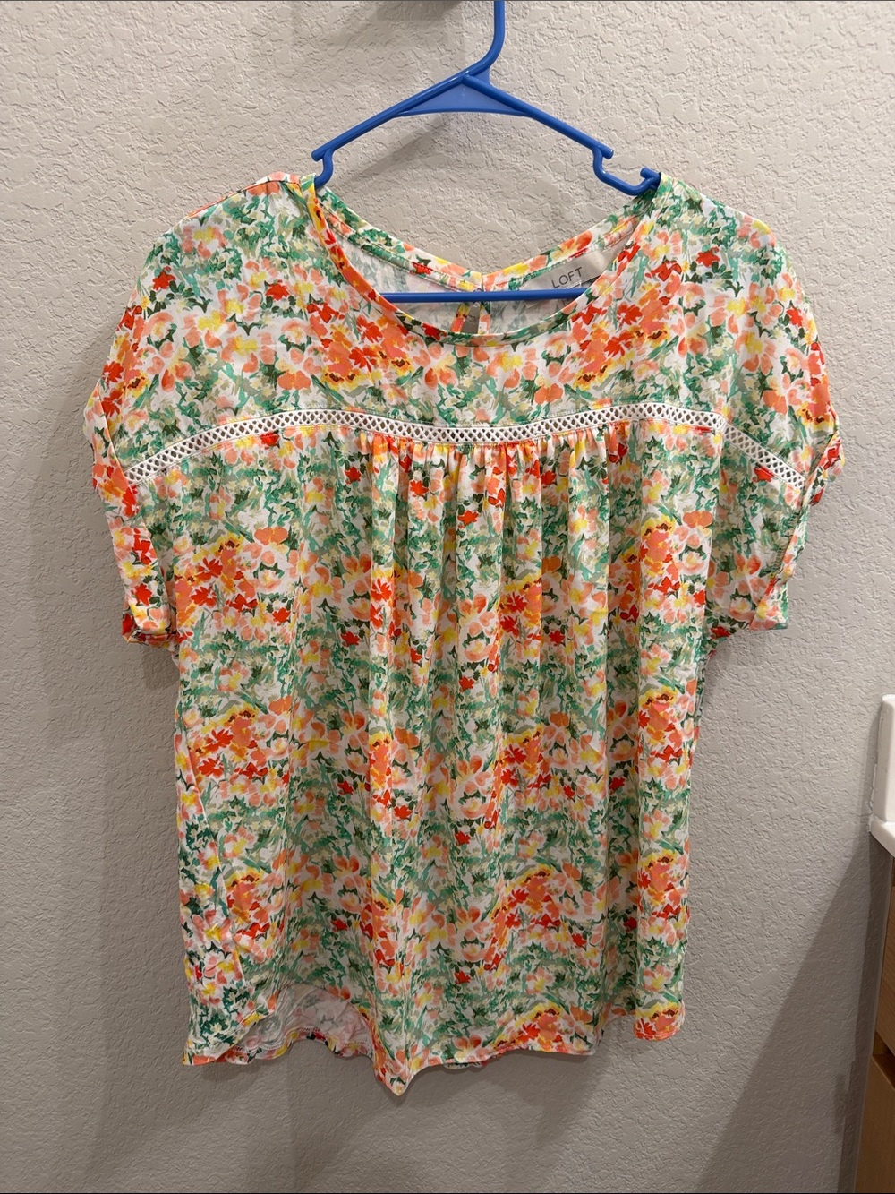 LOFT Floral Short-Sleeve Blouse in Green, Orange, Pink
